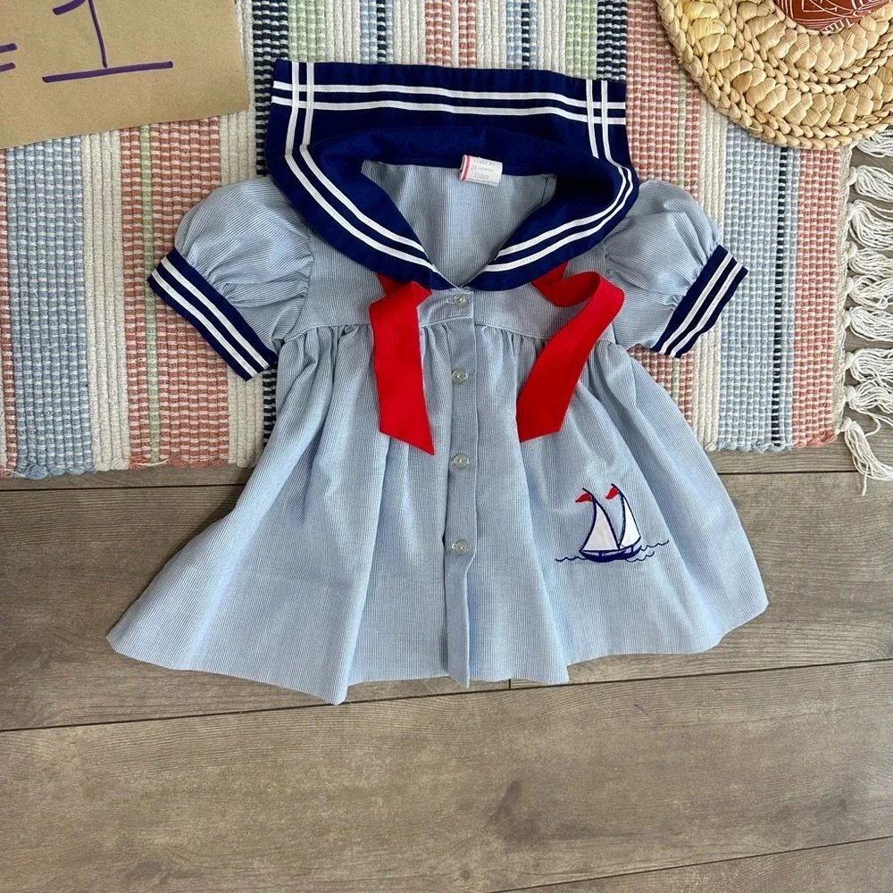 Vintage Nautical Sailor Dress Embroidered Sailboat 24 Months Baby Toddler Girl